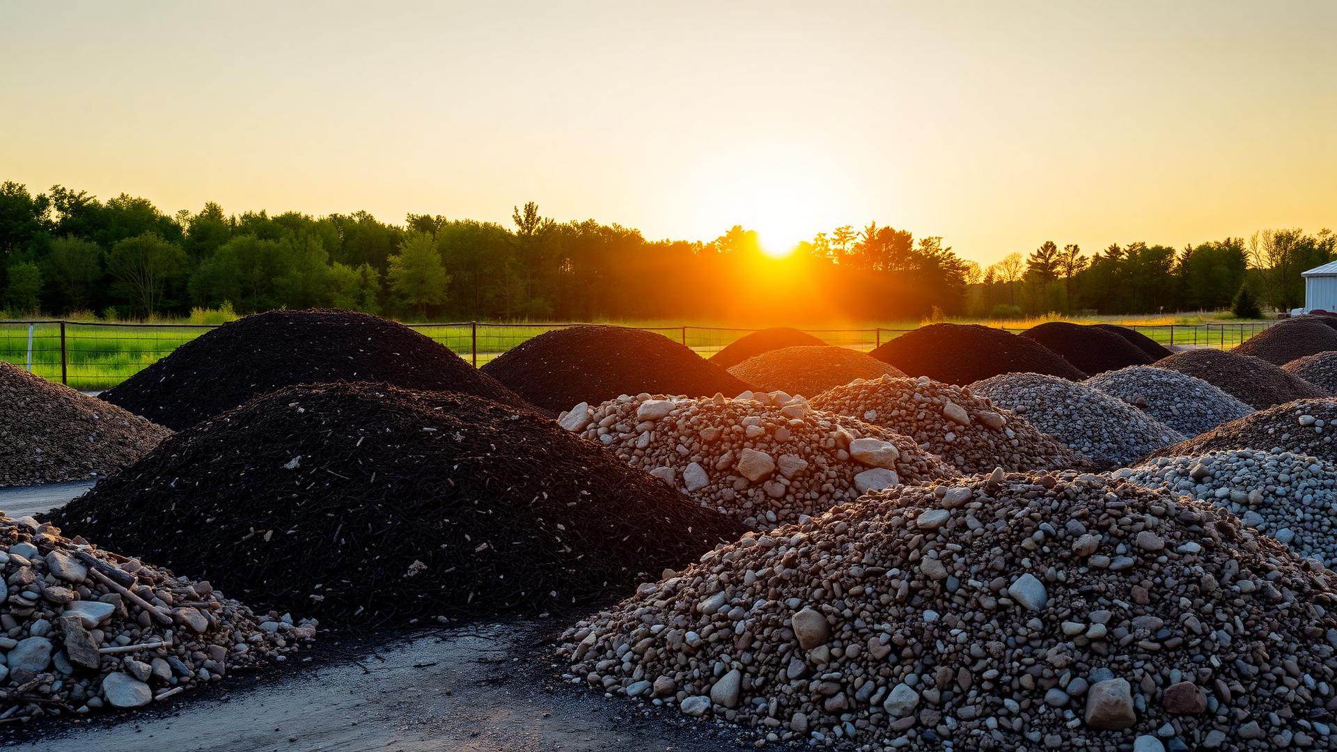 Landscaping supply yard with mulch, soil and stone at golden hour